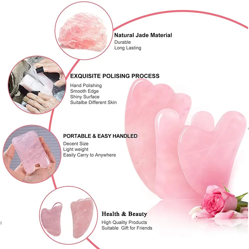 Jade Roller Gua Sha - Rascador Gouache de cuarzo rosa, rodillo